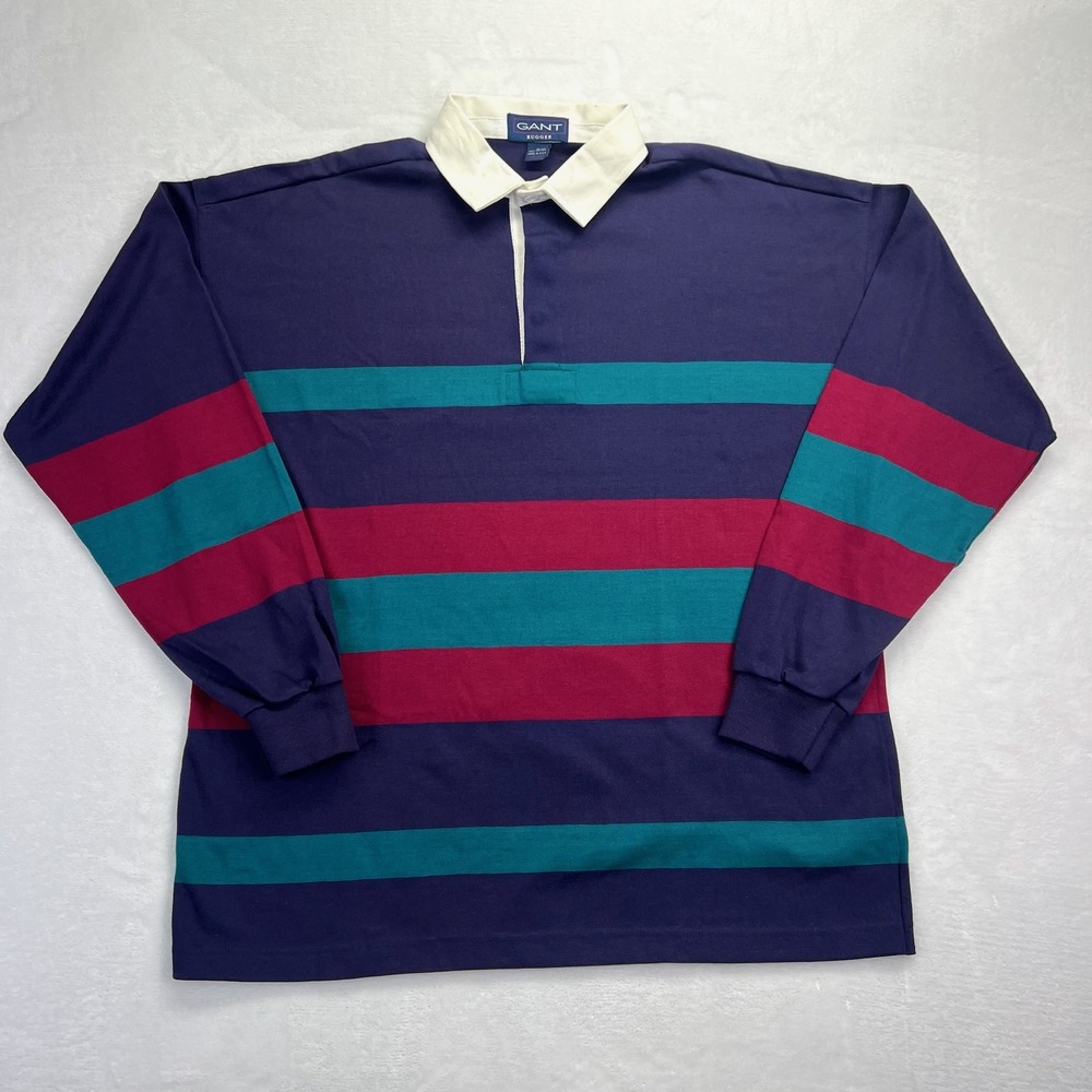 Gant Rugger Mens Vintage Striped Rugby Shirt Navy Teal Burgundy USA Made‎ Large